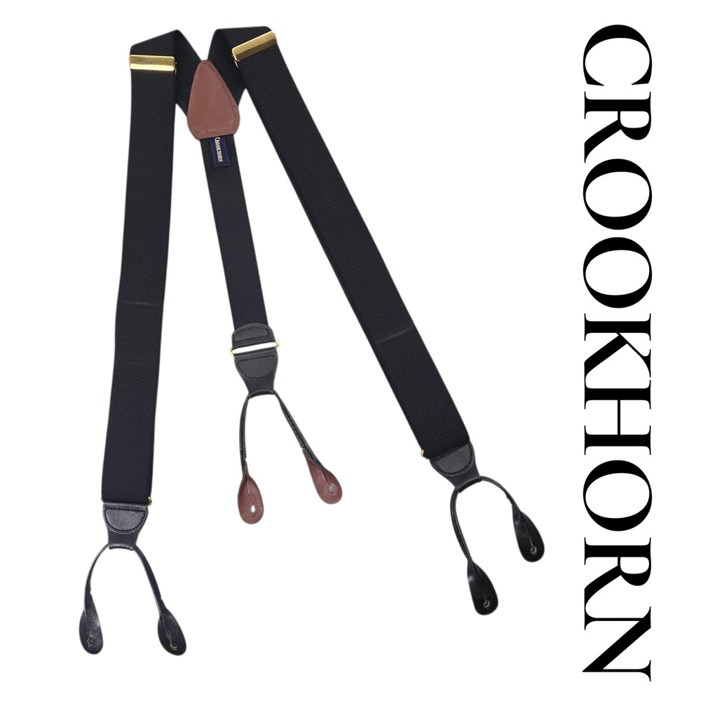 Crookhorn Mens Black Herringbone Y-Back Button End Suspenders Leather Gold USA
